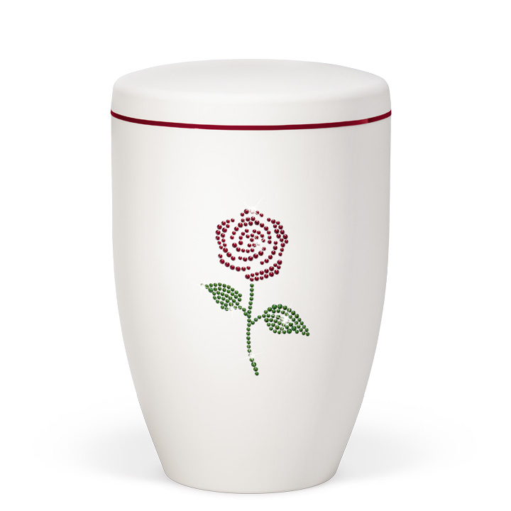 Naturstoffurne matt-weiss mit Dekor Rose, farbliche Crystal Elements