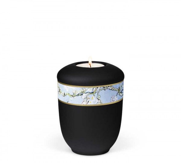 Gedenkurne aus Keramik anthrazit-velours, Dekor Van Gogh “Mandelblüte”