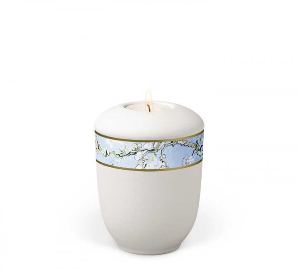 Gedenkurne aus Keramik weiß matt, Dekor Van Gogh “Mandelblüte”